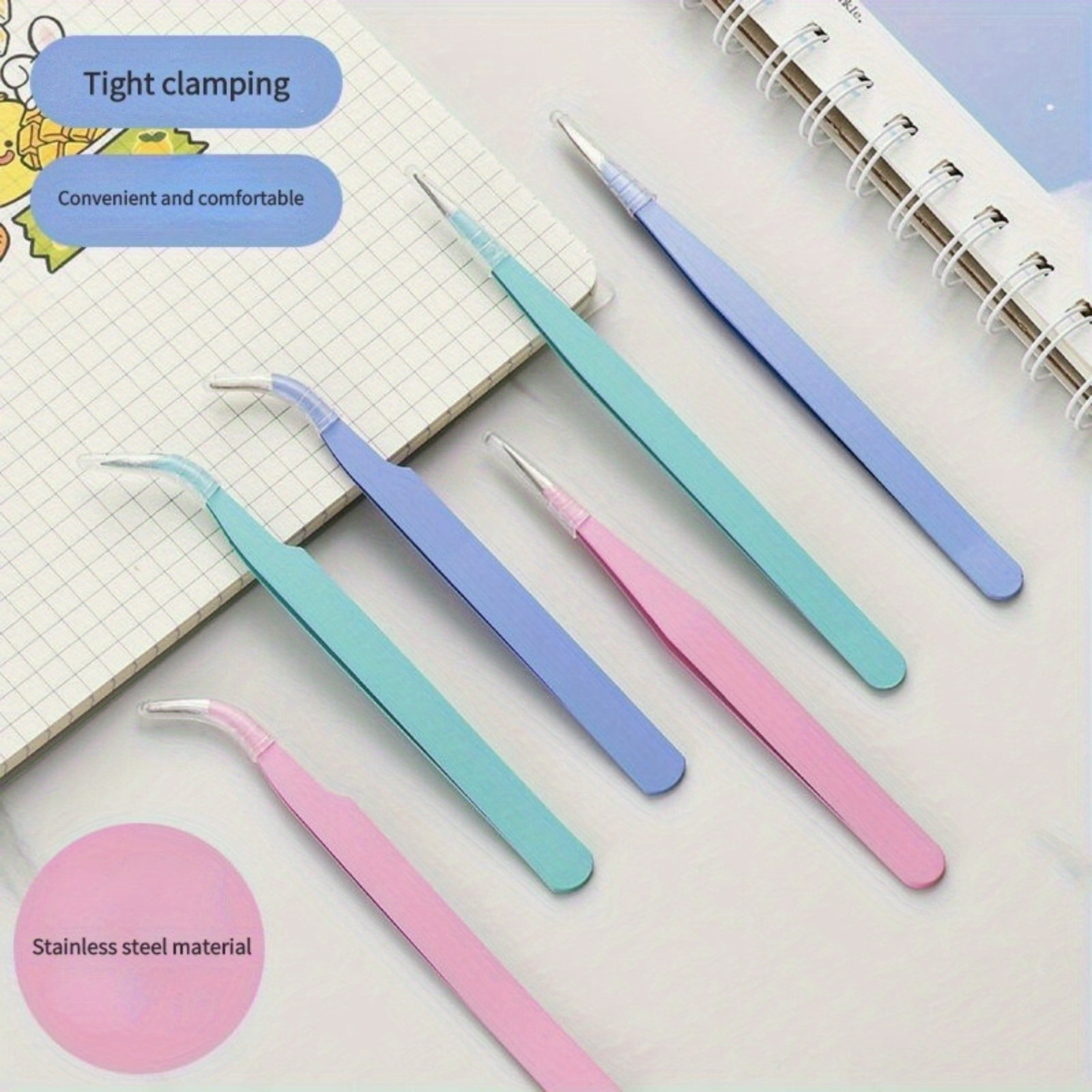 2 Stück Präzisionspinzette aus Edelstahl, farbiges Sammelalbum, gerader und gebogener Kopf, rosa/blau/lila/weiß/schwarz