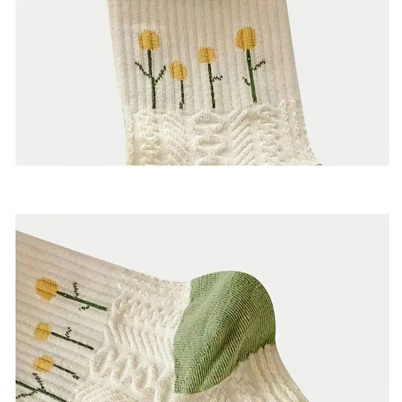 5 paia di calzini floreali retrò, calzini solidi con texture, calzini e calzetteria da donna, calzini a metà polpaccio, calzini casual retrò rustici