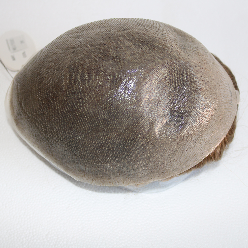 Natürlicher Haaransatz, 0,02 mm, superdünne Haut, unsichtbare Basis, Herren-Toupet, 90 % Dichte, graues männliches Echthaar, Kapillarprothesensystem