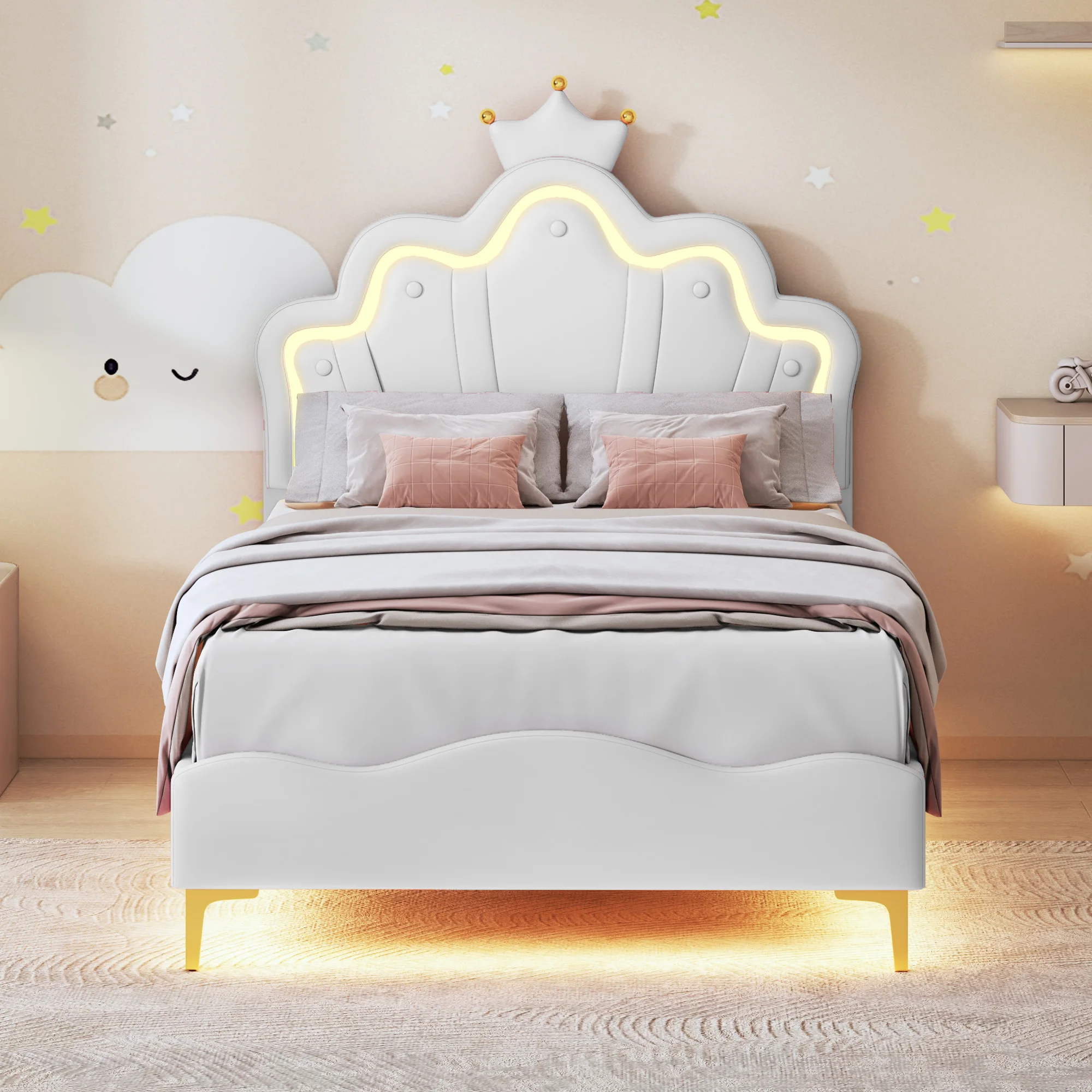 Comanlai-Cama infantil com luz LED, cabeceira em forma de coroa, cama estofada em couro PU, branco, 90x200cm