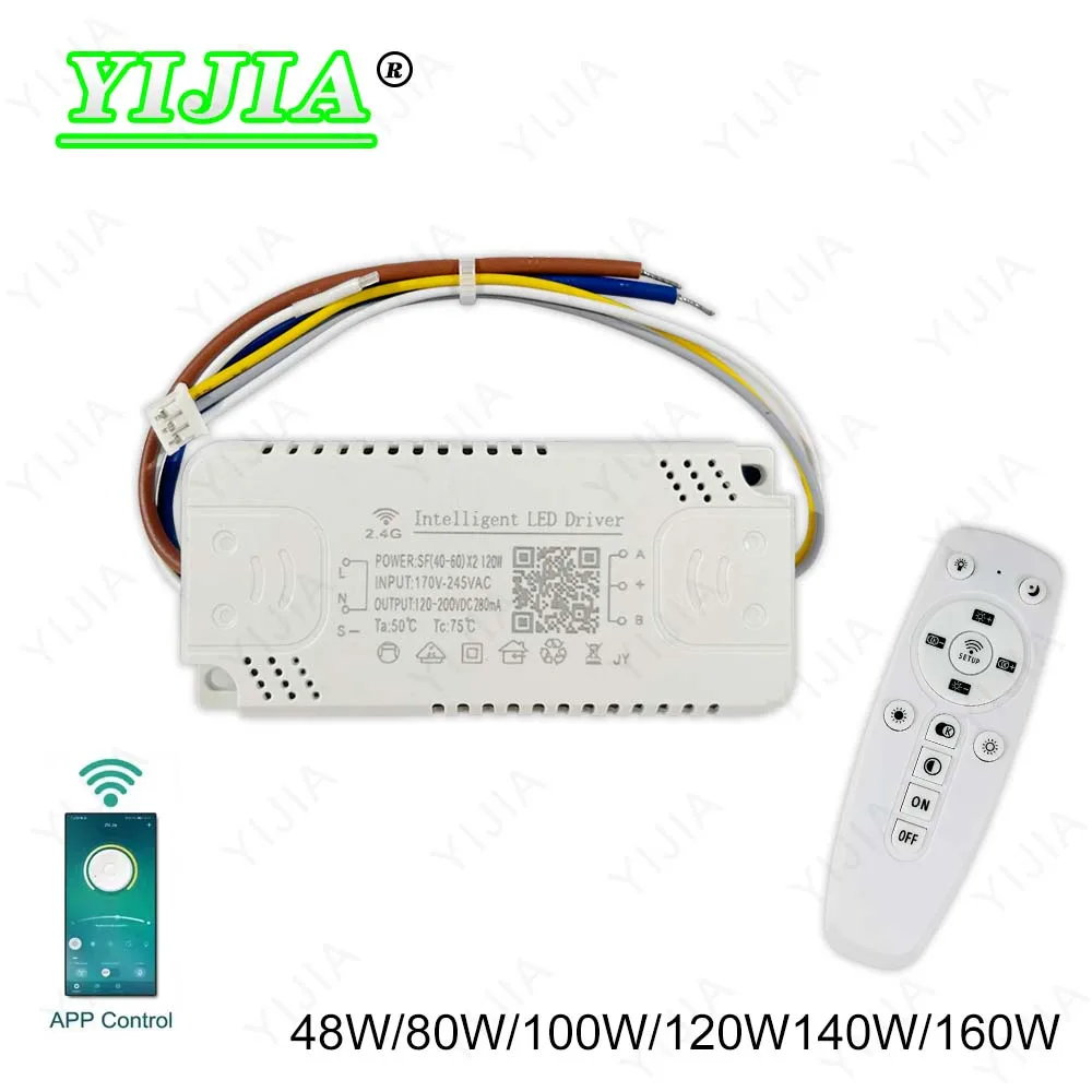 Controlador LED controlado por aplicación, transformador LED inteligente remoto de 2,4G, 48W, 80W, 100W, 120W y 160W para lámpara de araña que cambia de color regulable