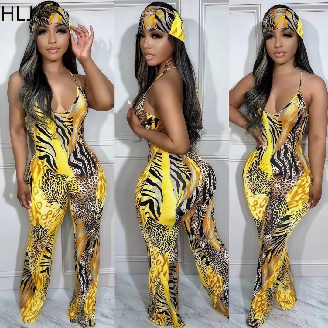 HLJ Sexy Luipaardprint Bodycon Jumpsuits Vrouwen Dunne Band Mouwloze V-hals Wijde Pijpen Broek Speelpakje Vrouwelijke Overall Met Sjaal