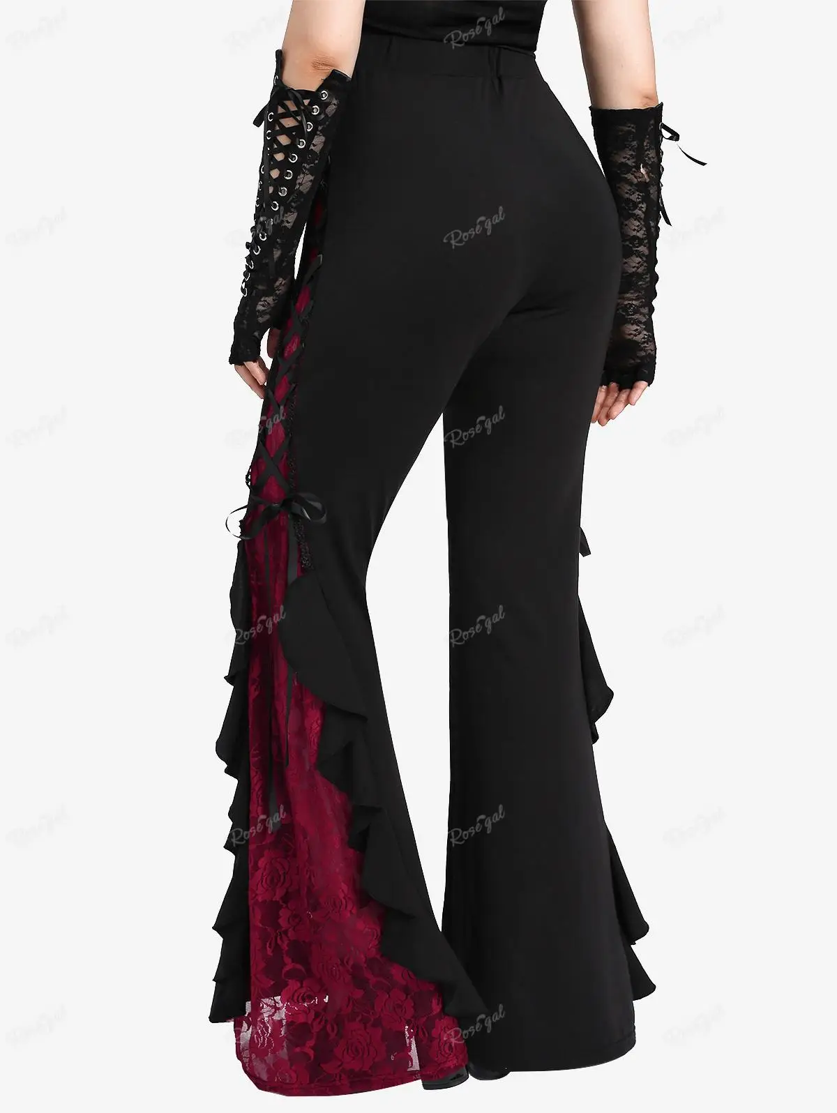 ROSEGAL Plus Größe Gothic Spitze Panel Spitze-up Rüschen Flare Hose Frauen Streetwear Elastische Taille Pull On Hose Colorblock bell-Bottom