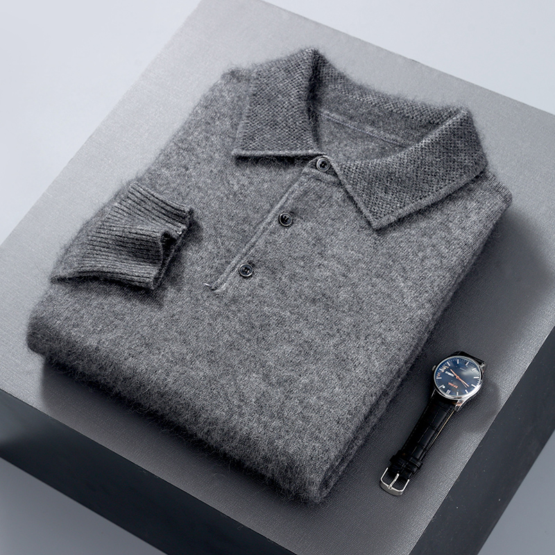Jersey para hombre, suéter de punto de cachemira de visón 100% con cuello tipo Polo, informal, holgado, de talla grande, manga larga, versión coreana de invierno 23