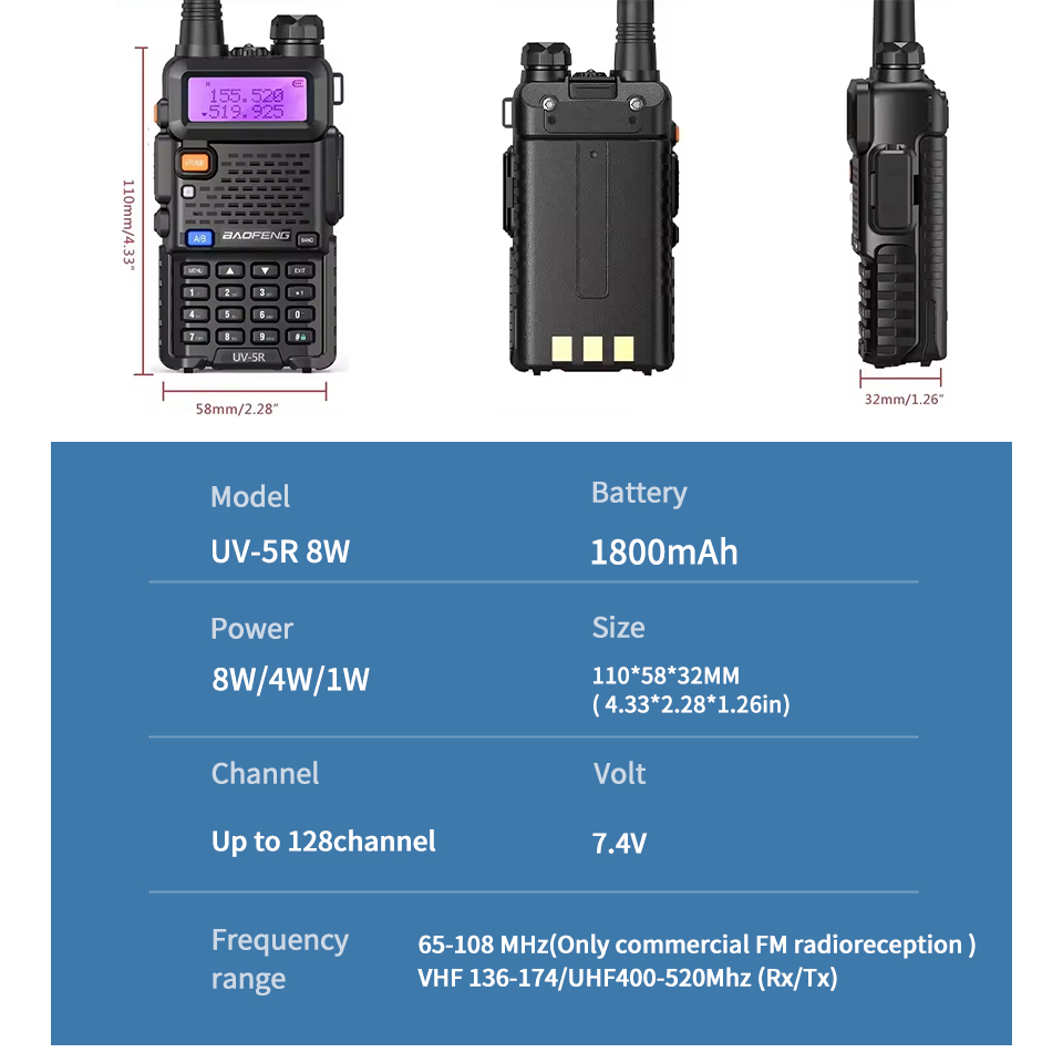 1/2Pcs Baofeng UV-5R 8W/5W Walkie talkie dual band long range 128CH portable Vhf Uhf 5R Ham two-way radio Emergency power outage