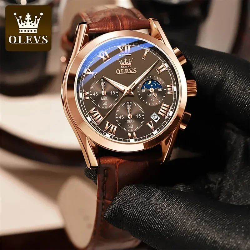 OLEVS reloj de cuarzo para hombre, relojes de lujo de primeras marcas, relojes de pulsera impermeables con fase lunar para hombre, relojes de pulsera con cronógrafo de moda para hombre