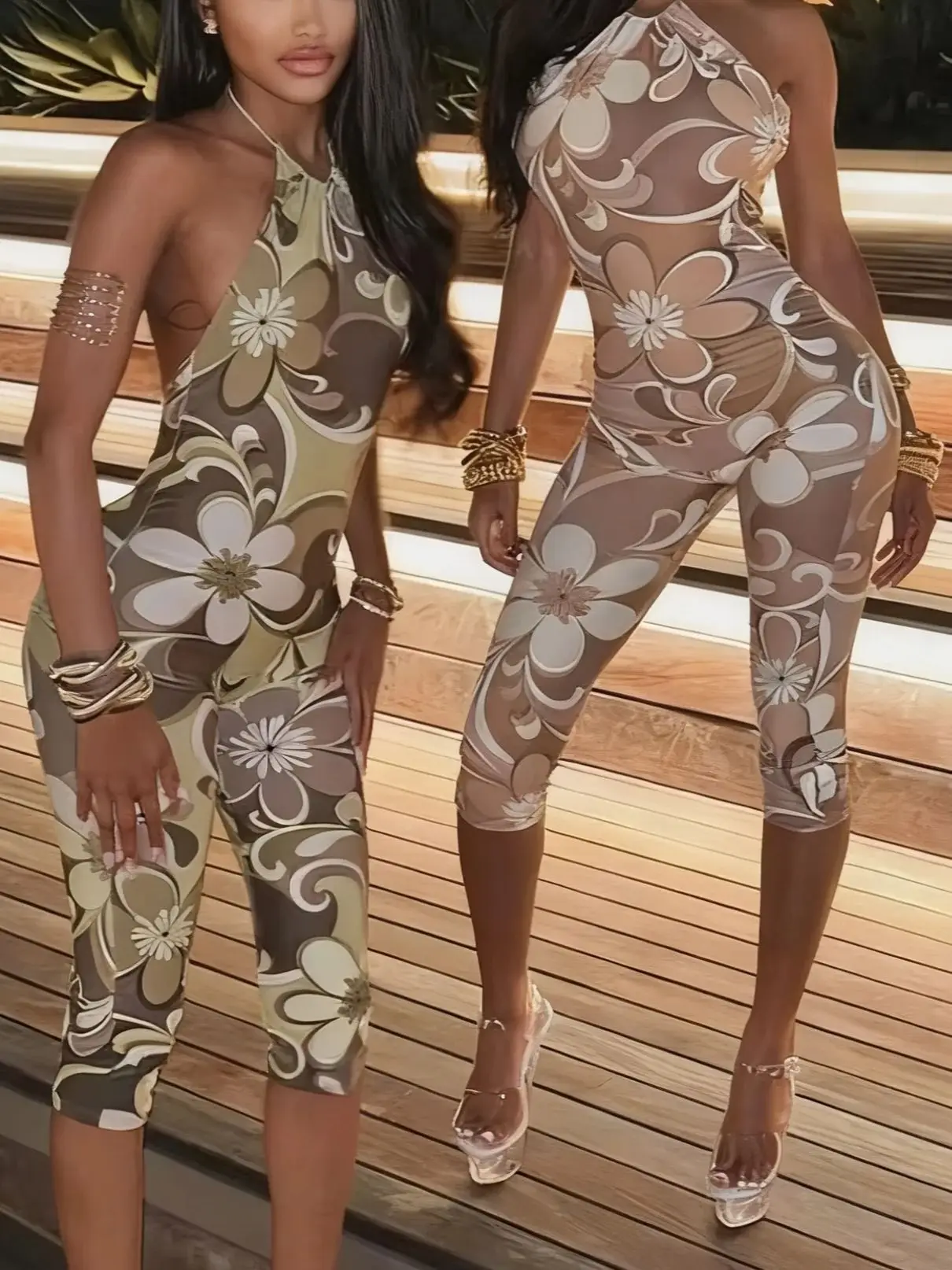 Sisterlinda Ästhetischer Druck Neckholder Playsuits Mode Sexy Rückenfreier Verband Körperformender Strampler Weiblich Attraktiver Club Einteiler