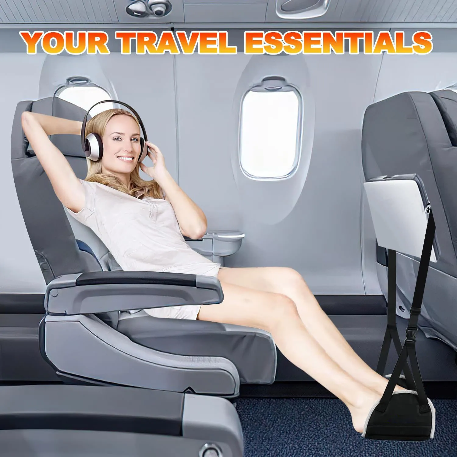 Rede para pés de avião, descanso para pés ajustável com enchimento de algodão com memória espessa, itens essenciais para viagem com placas de suporte removíveis
