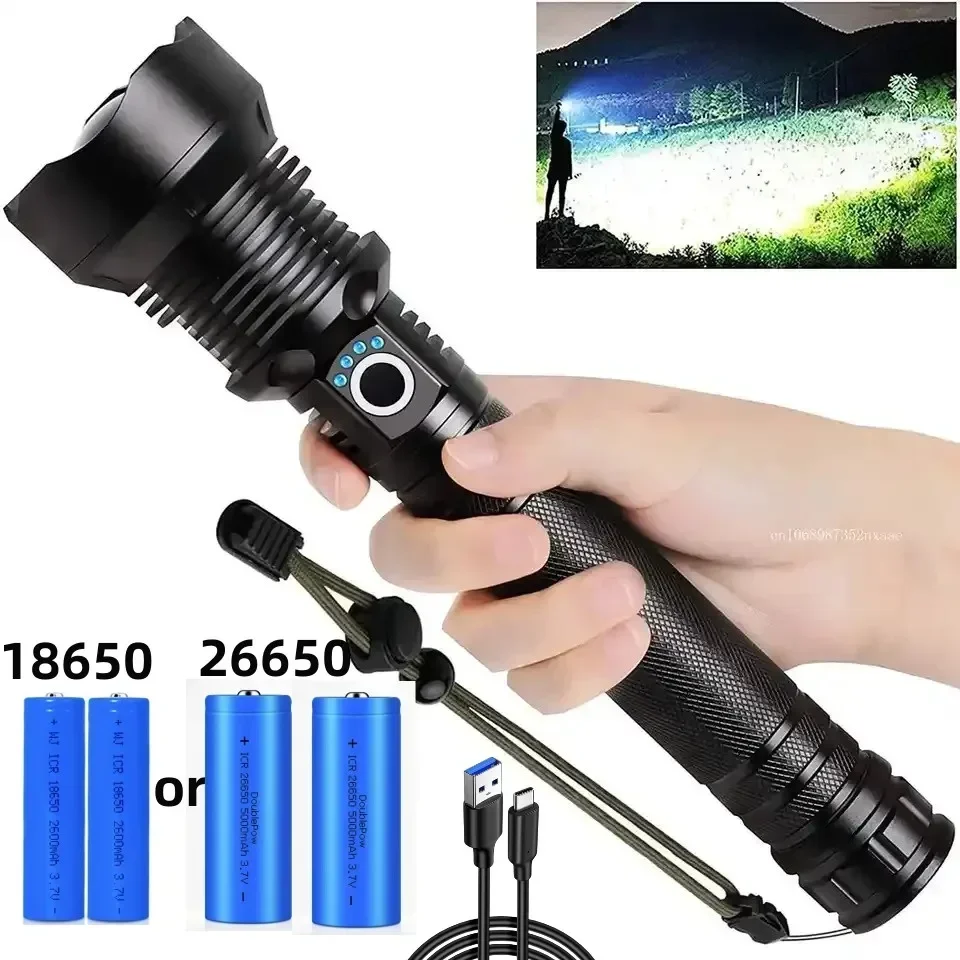 Linternas LED recargables Linterna impermeable con zoom superbrillante de 90000 lúmenes con 3 modos potentes para acampar y hacer senderismo