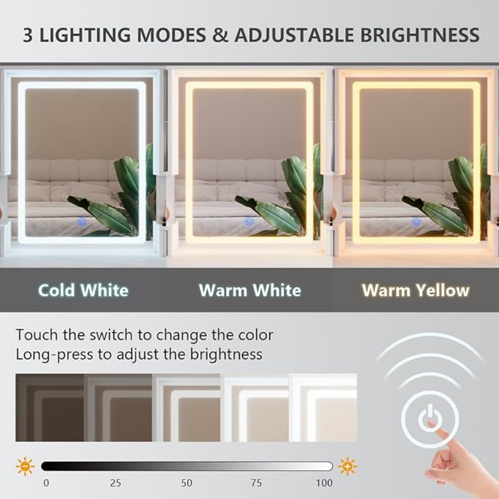 Large Vanity Table Set with Charging Station, RGB Cabinets, Makeup Vanity Mirror with Lights Desk and Drawers, 3 LED Lights Mode