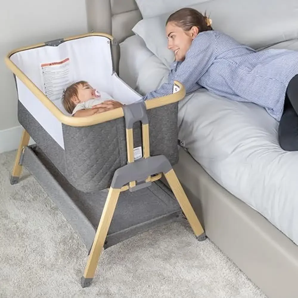 3 in 1 Adjustable Heights Baby Bedside Sleeper with Foam Mattress Portable Co-Sleeper Crib Durable Aluminum Build Comfortable