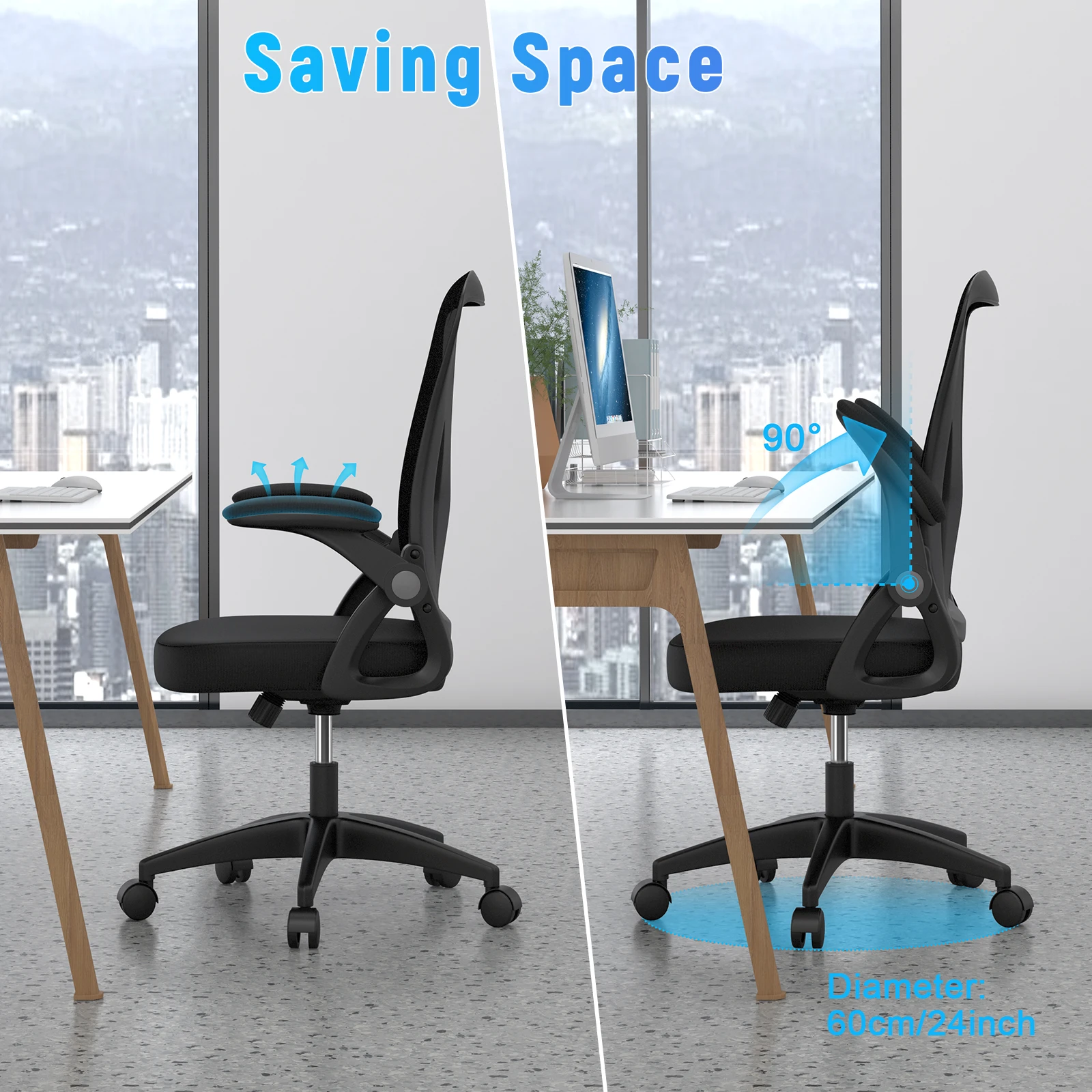 Sedia da ufficio ergonomica con sedile scorrevole 90 °   Sedia da ufficio per casa regolabile con bracciolo ribaltabile, supporto lombare regolabile in altezza