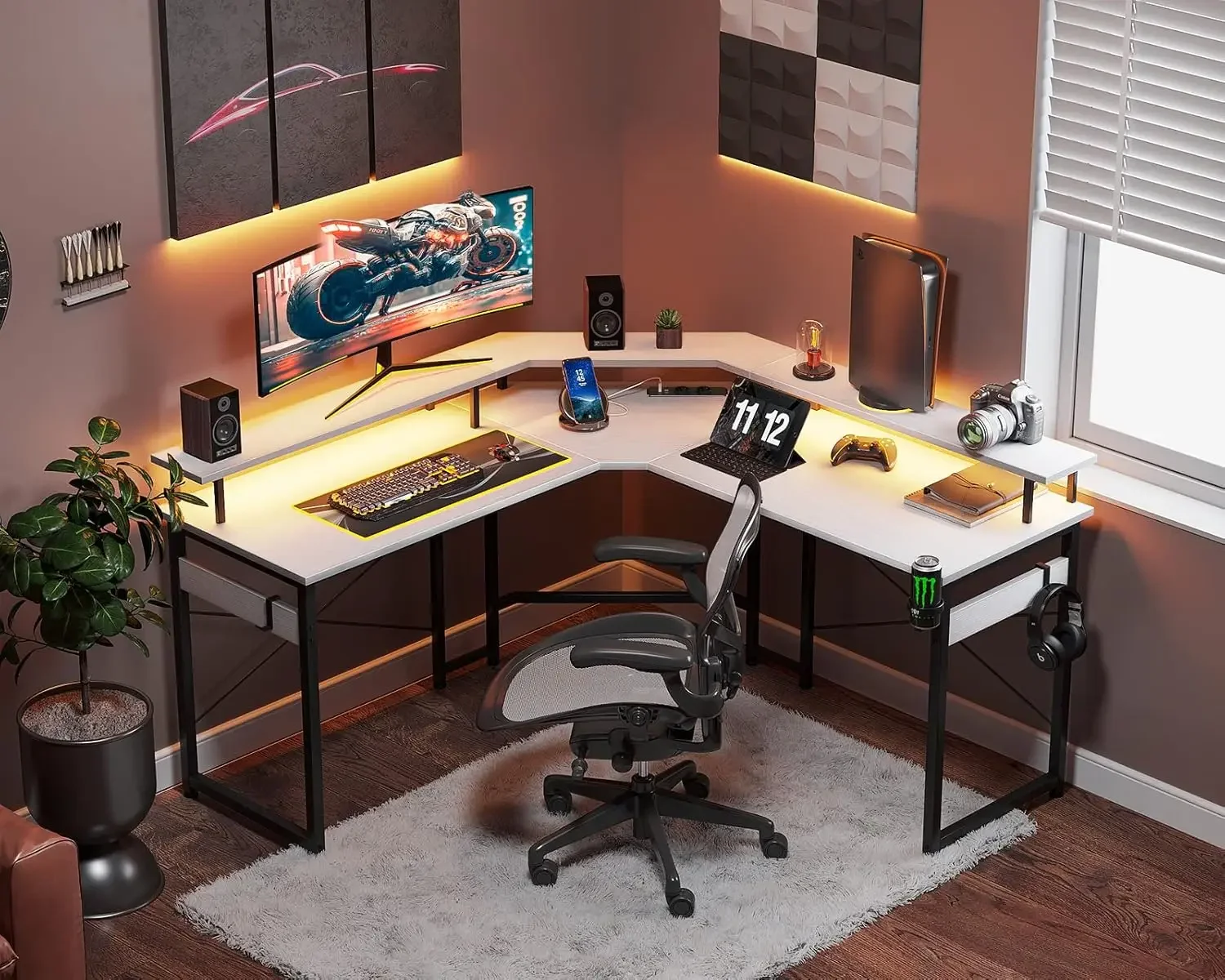 Mesa Gaming con LED,Escritorio Gaming con Enchufes,Mesa Escritorio Gaming con Soporte para Monitor,Blanco, escritorios, mesa gaming pc