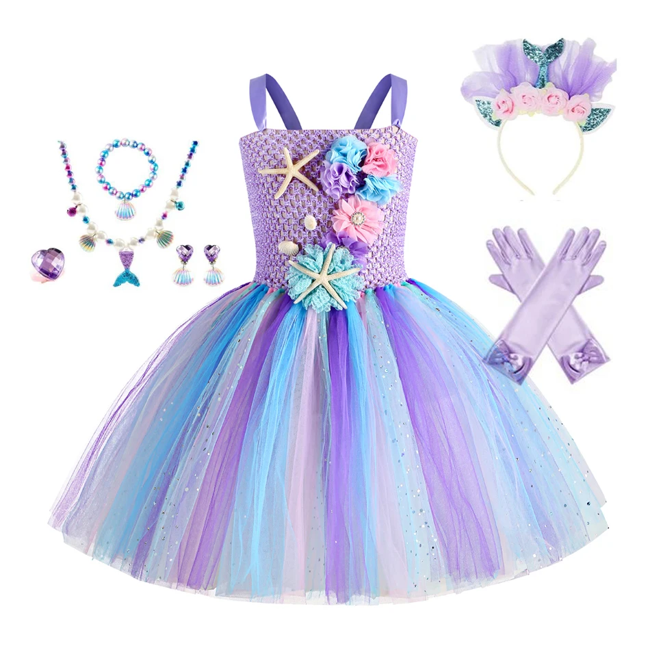 女の子マーメイドチュチュドレス海の下テーマ誕生日パーティーカーニバル衣装花ヘッドバンドオーシャンハロウィンドレス 1-12Y