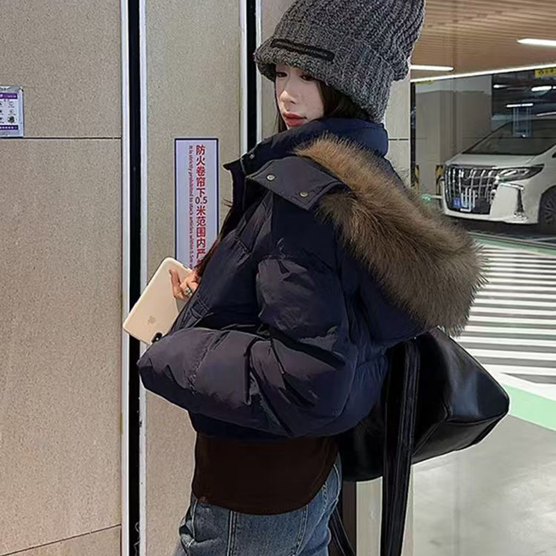 Gola de pele coreana com capuz parkas senhoras design de moda recortado algodão acolchoado jaqueta de inverno feminino azul casual quente parka casacos