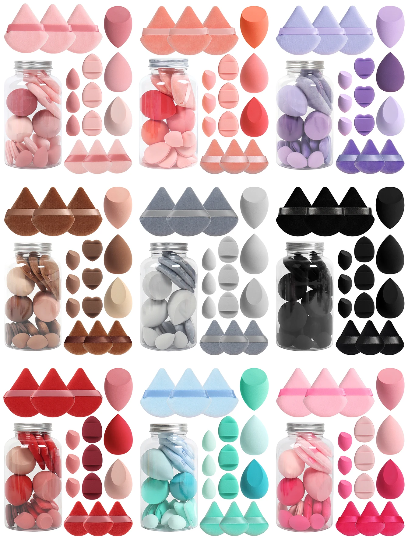 Primavera 15 latas, 3 esponjas para polvos sueltos y 3 mini esponjas para polvos sueltos y 3 mini huevos de maquillaje y 3 mini esponjas con cojín de aire, mezcla de bases