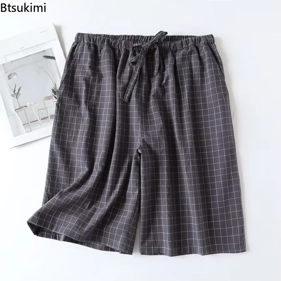 ใหม่ 2025 ชายชุดนอนชุดนอนกางเกงขาสั้นลายสก๊อต 100% Cotton CasualหลวมDouble-Layer Homewearกางเกงนอนชายกางเกง