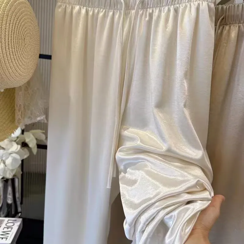 Calças Es de Acetato Satin com Pernas Largas para Mulheres, Novas Calças de Verão de Cintura Alta com Textura Elástica...