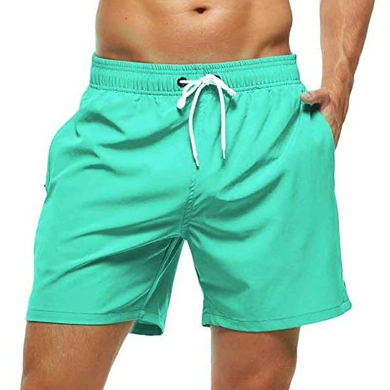 Calções de banho masculinos verão calções de banho de secagem rápida praia shorts com bolsos laterais e forro de malha maiô