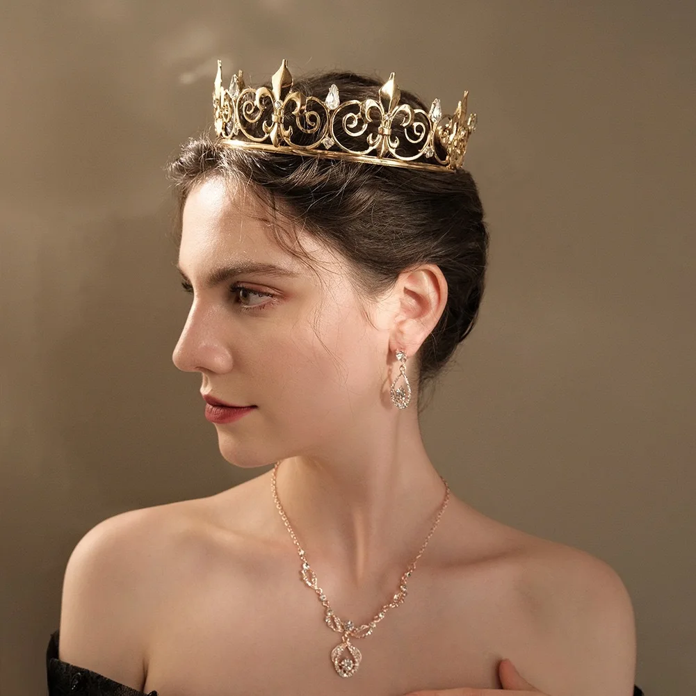 Klassische König Haarschmuck Krone Barock Vollkreis Gold Strass Legierung Krone Männer und Frauen Party Kopf bedeckung Hochzeit