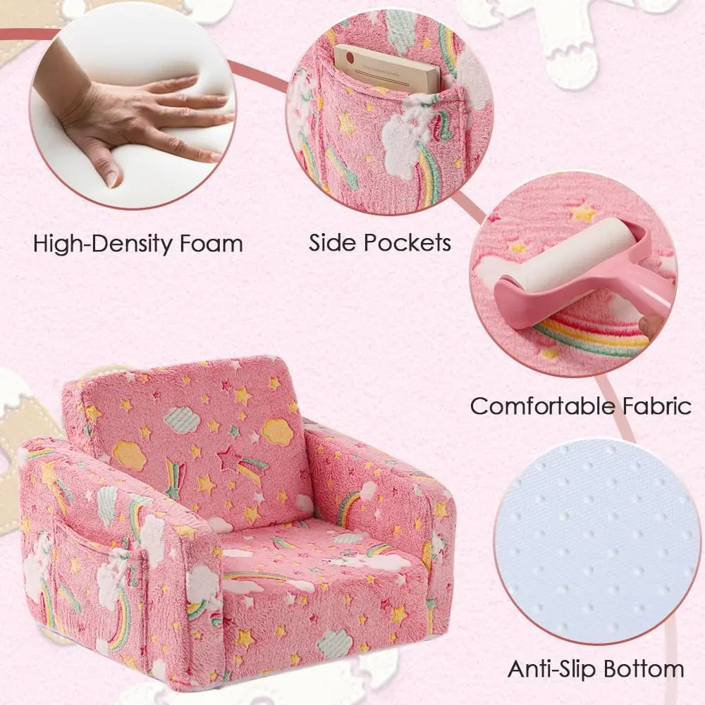 Kids Sofa Couch Fold Out, Baby Toddler Comfy Soft Chair, Flip Out Foldable Children 2 in 1 Convertible Sofa to Lounger
