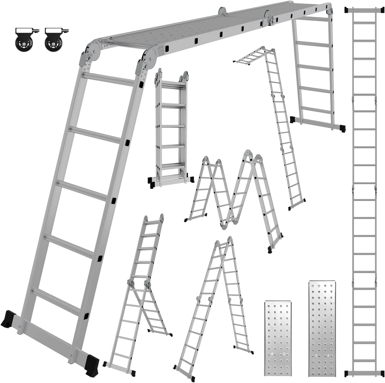 4X5 Treden Multifunctionele Ladder, 5.82M, 7-In-1 Aluminium, Tot 150Kg, Met 2 Wielen, 2 Platforms, Scharnierend, Vouwend, Trapladder.