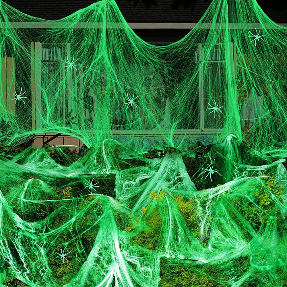Teia de aranha luminosa, teia de aranha artificial elástica com aranhas falsas, decorações de halloween, adereços de decoração de casa assombrada de terror ao ar livre