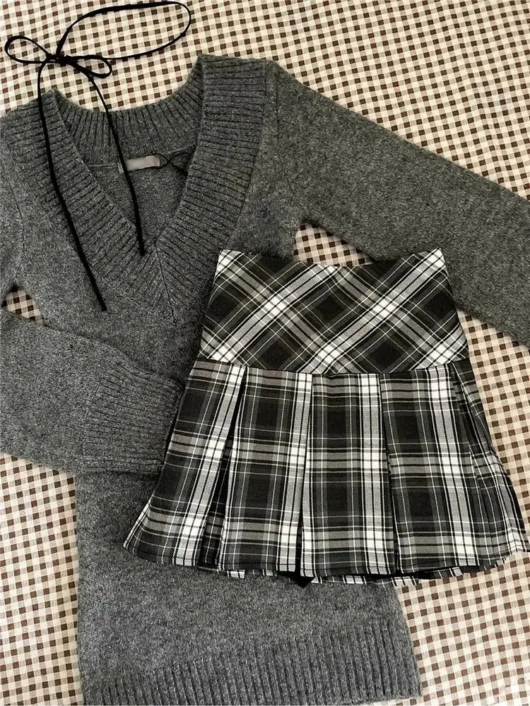 Outono inverno mulher gyaru coquette com decote em v francês vintage camisola manga longa pullovers malhas 2000s estética dinheiro velho grosso