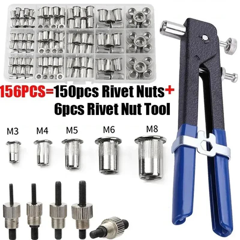 Kit de porcas de rebite de aço inoxidável, 150 peças m3 m4 m5 m6 m8 com pistola de porca de rebite e 5 peças de alicate de crimpagem de parafuso de cabeça chata, ferramentas de reparo
