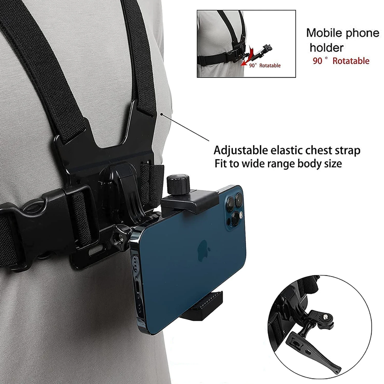 Correa para el pecho con rotación de 360 grados, correa de montaje para teléfono para Gopro Hero 12 11 10 9 8 7 iPhone 13 14 Pro Max insta360 x4 Cámara de Acción