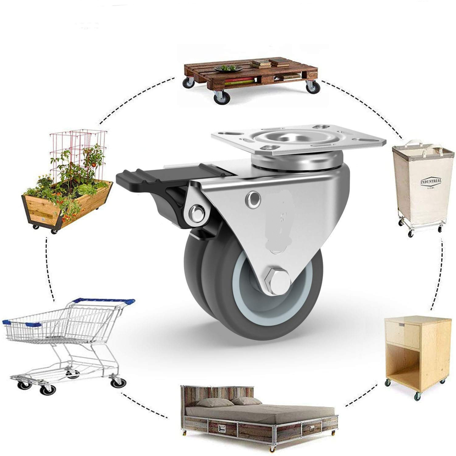 Rodízios de placa resistentes de 4 pacotes, carga de 362,87 kg, rodas giratórias silenciosas com trava, carrinho de móveis, durável, acabamento prateado