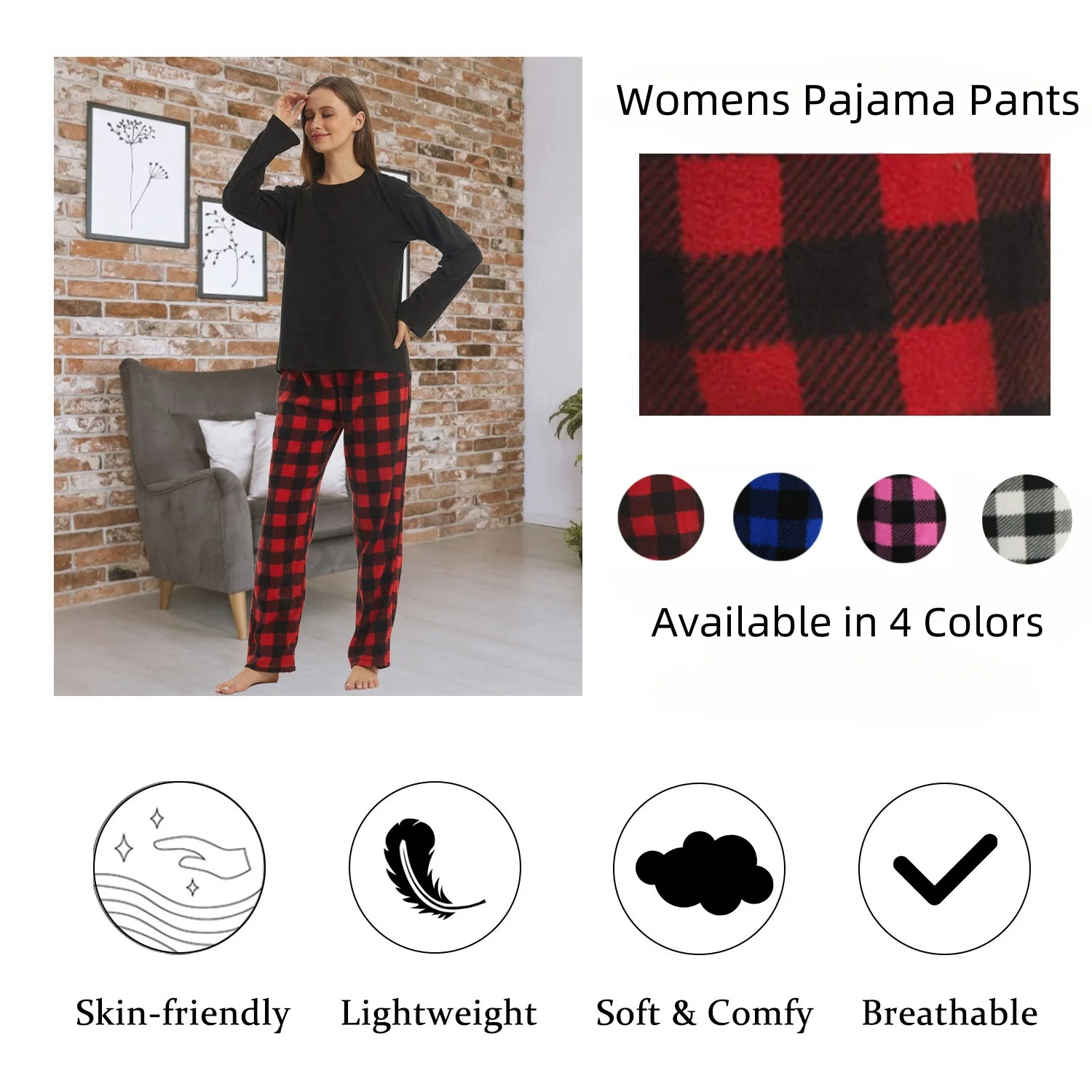 Calças de pijama para mulheres Pacote felpudo de lã longa xadrez de búfalo Pj bottoms com cordão macio para dormir