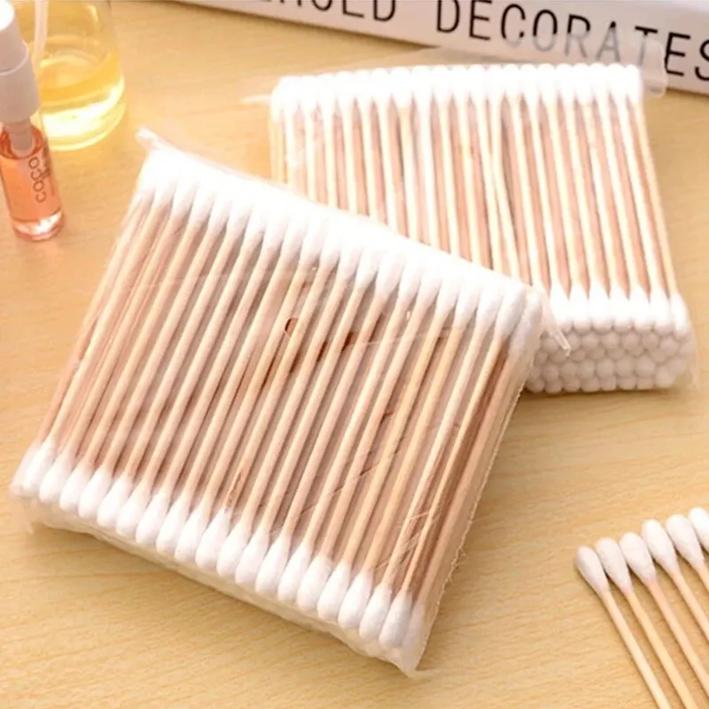 100 uds/500 Uds hisopo de algodón de madera de doble cabeza limpieza de nariz y oídos herramientas de maquillaje para mujeres bastoncillos de punta de bastoncillos de algodón Lipstik
