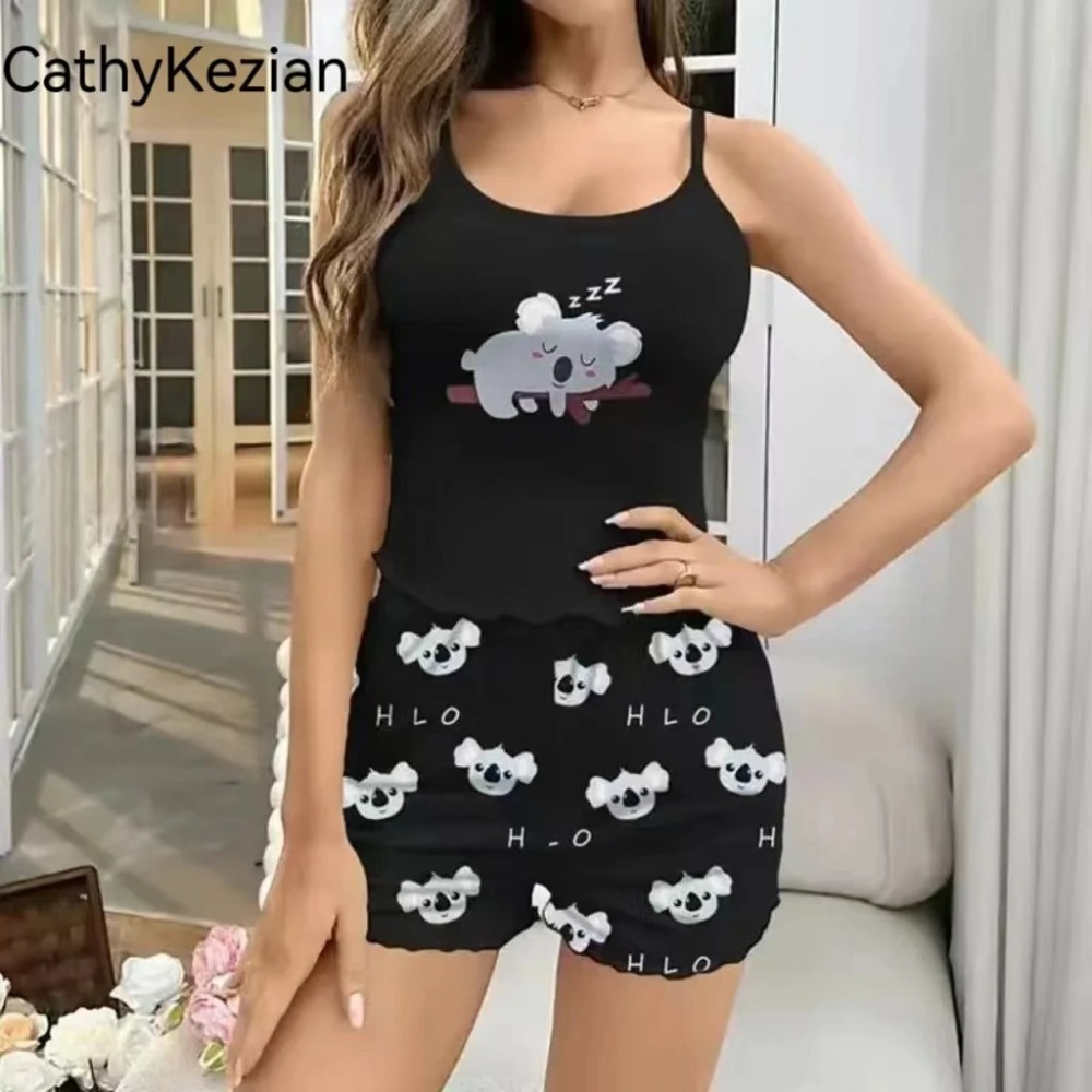 Pijamas femininos pijamas conjunto esportivo camisola e shorts impressão ventilar casual macio e confortável