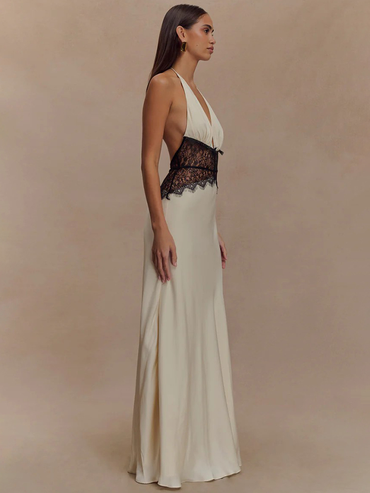 Mozision Sommer Backless Sexy Maxi Kleid Frauen Kleid Patchwork Spitze Halter Tiefem V-ausschnitt Ärmellose Hohe Taille Elegante Lange Kleid