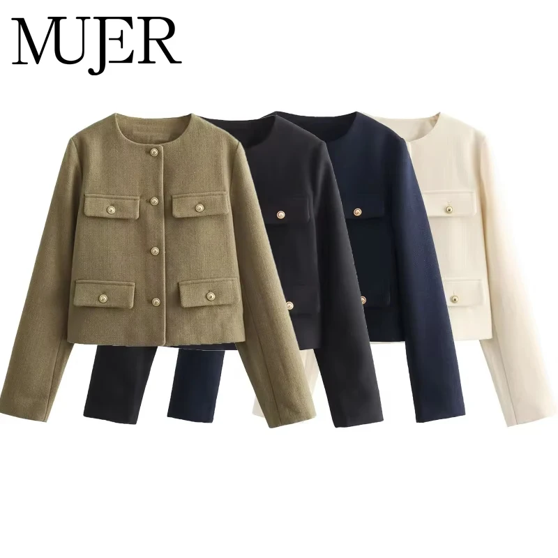 Muyer tweed recortado jaqueta mulher manga longa jaqueta vintage mulher moda botão elegante jaquetas para mulher novo em casacos curtos