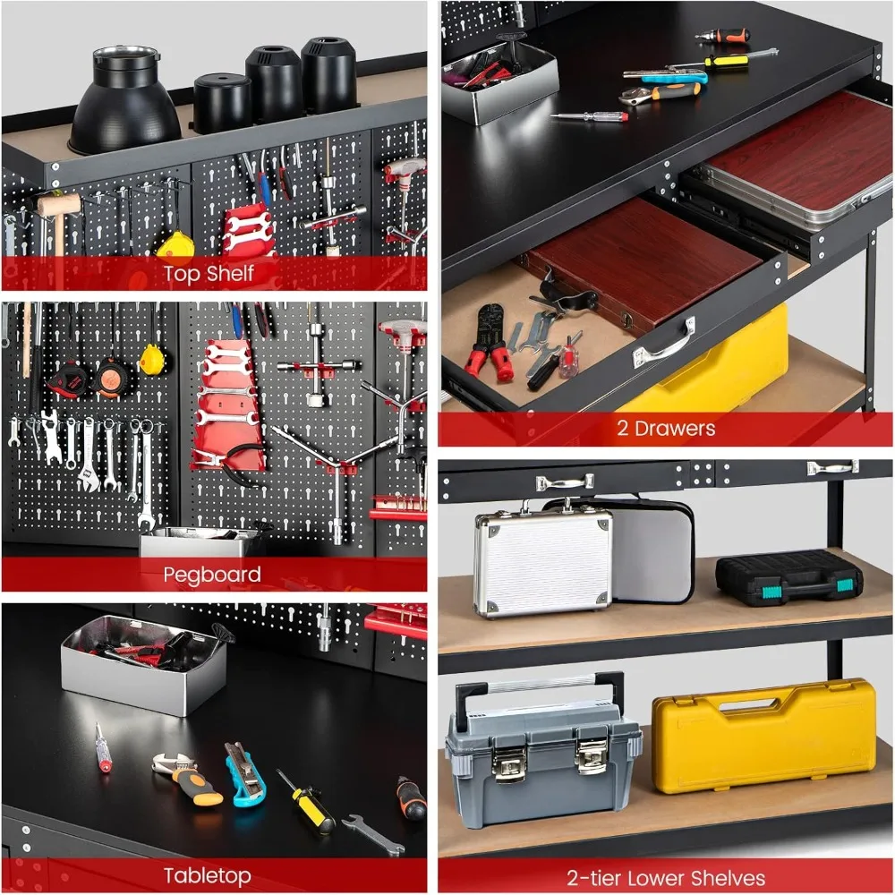 Workbench with Pegboard, 121 X 61 X 156 Cm Garage Work Bench with 2 Drawers & 25 Hanging Accessories, 435kg Capacity,Workbenches