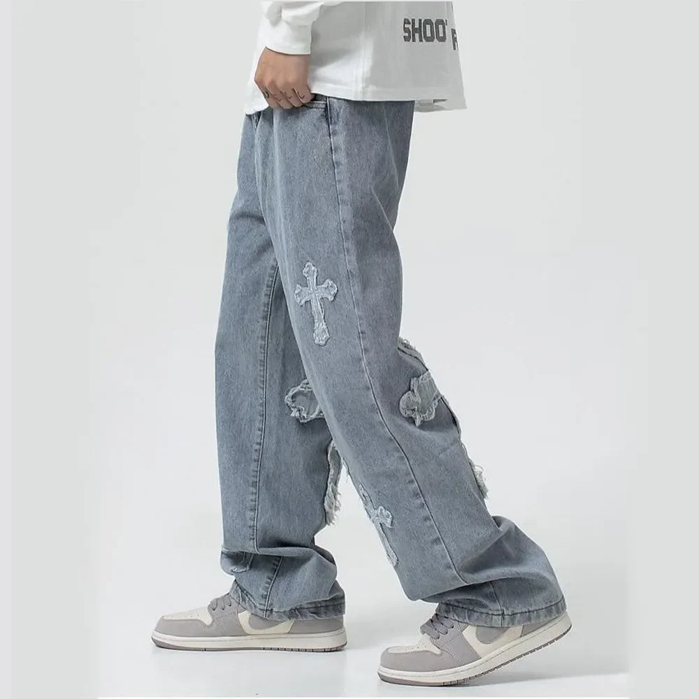 2023กางเกงแฟชั่นCross DenimกางเกงStreetwear Hip Hop Low Rise Baggyกางเกงยีนส์ผู้ชายเกาหลีY2kผู้หญิงกางเกงPunkผ้า
