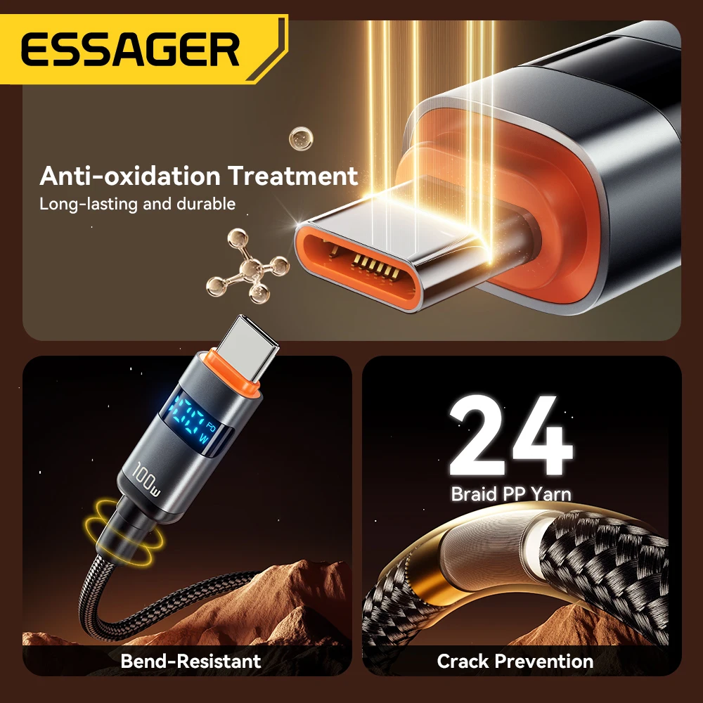 Essager pantalla Digital USB tipo C a Cable USB C para Huawei mate60 100W Cable de carga rápida para Macbook pro Xiaomi