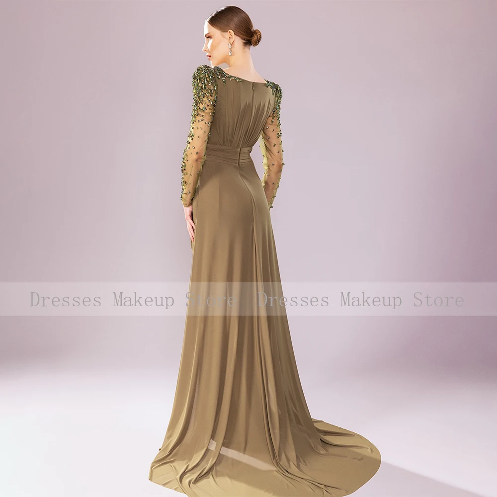 Robe de soirée en mousseline de soie fendue sur le côté pour la mère de la mariée, cristal, manches longues, colonne, robe de soirée formelle, quel que soit le vert, luxe