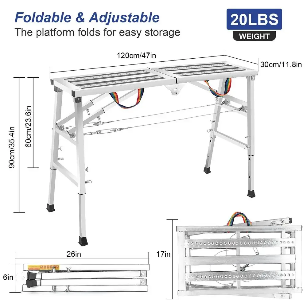 Adjustable Portable Folding Step Scaffolding Ladder RV Cleaning Work Platform Non-slip Feet 330lbs Capacity Safe Sturdy Aluminum