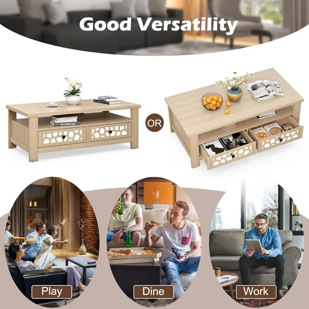 Mesa de centro de 2 niveles, mesa central rectangular de 46,5" con diseño de espejo acrílico, mesa de madera con tablero grande, estante abierto,