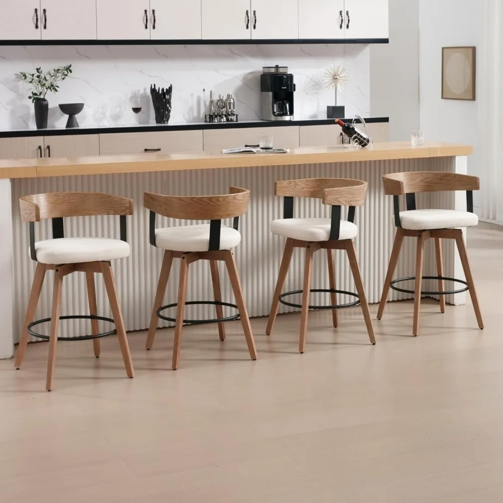 pair of 26" modern counter height swivel bar stools with upholstered linen seats and footrests