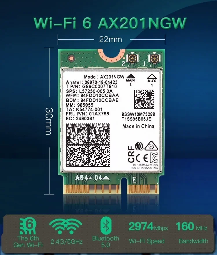 Двухдиапазонная беспроводная карта Bluetooth 5.1 AX201NGW 2,4 Гбит/с 802.11AX Беспроводной адаптер Wi-Fi 6 AX201 для NGFF M.2 CNVio2 WiFi-карты