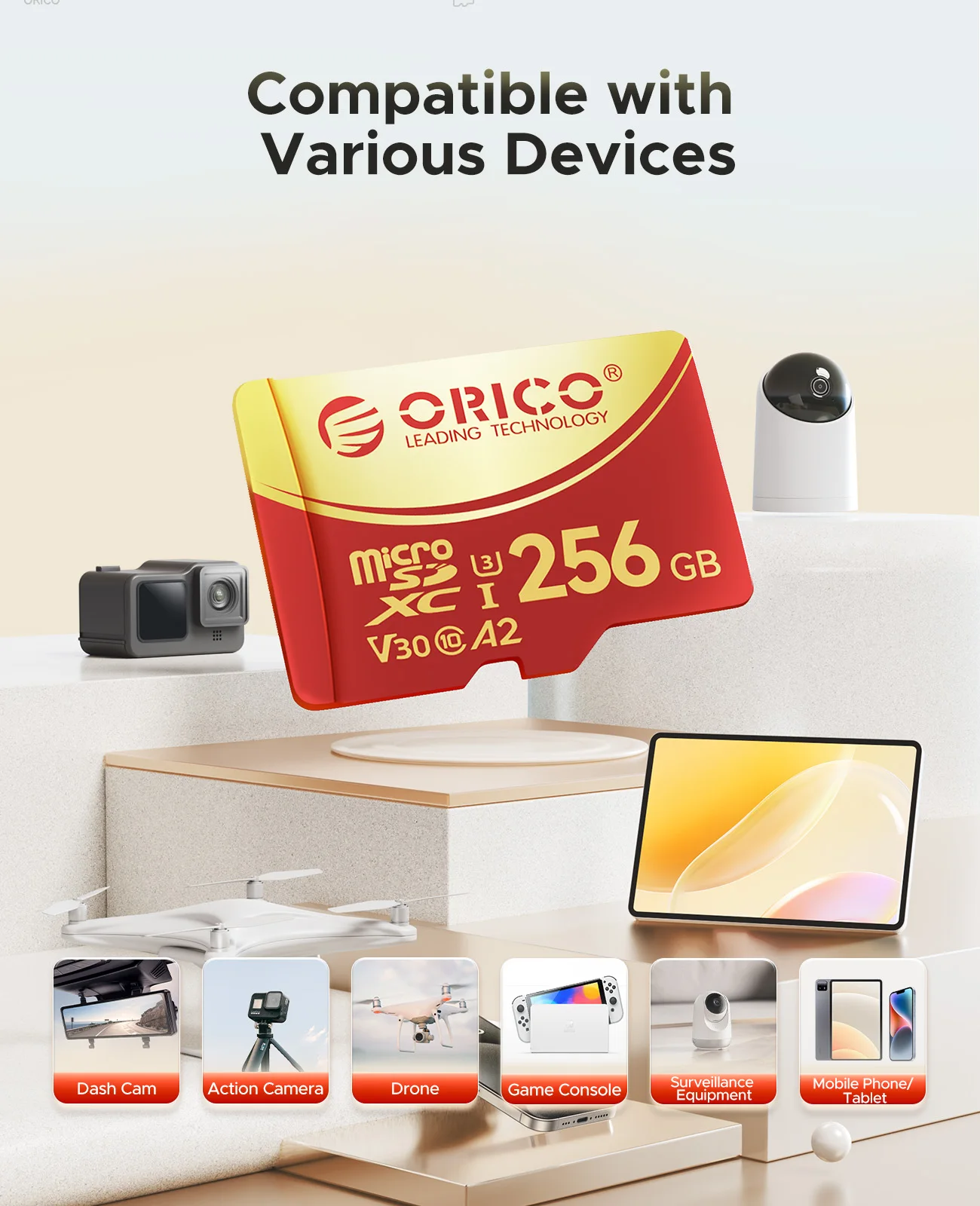 ORICO 256 ГБ Micro SD microSDXC R/W до 180 МБ/с Full HD и 4K UHD C10, U3, V30, 4K, A2 для камеры, дрона, видеорегистратора