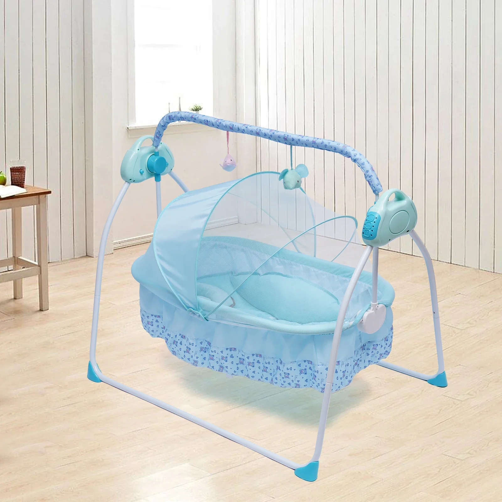 Berço elétrico para bebês, berço com balanço automático para recém-nascidos, cama infantil com bluetooth azul com cadeira + música + tapete + rede