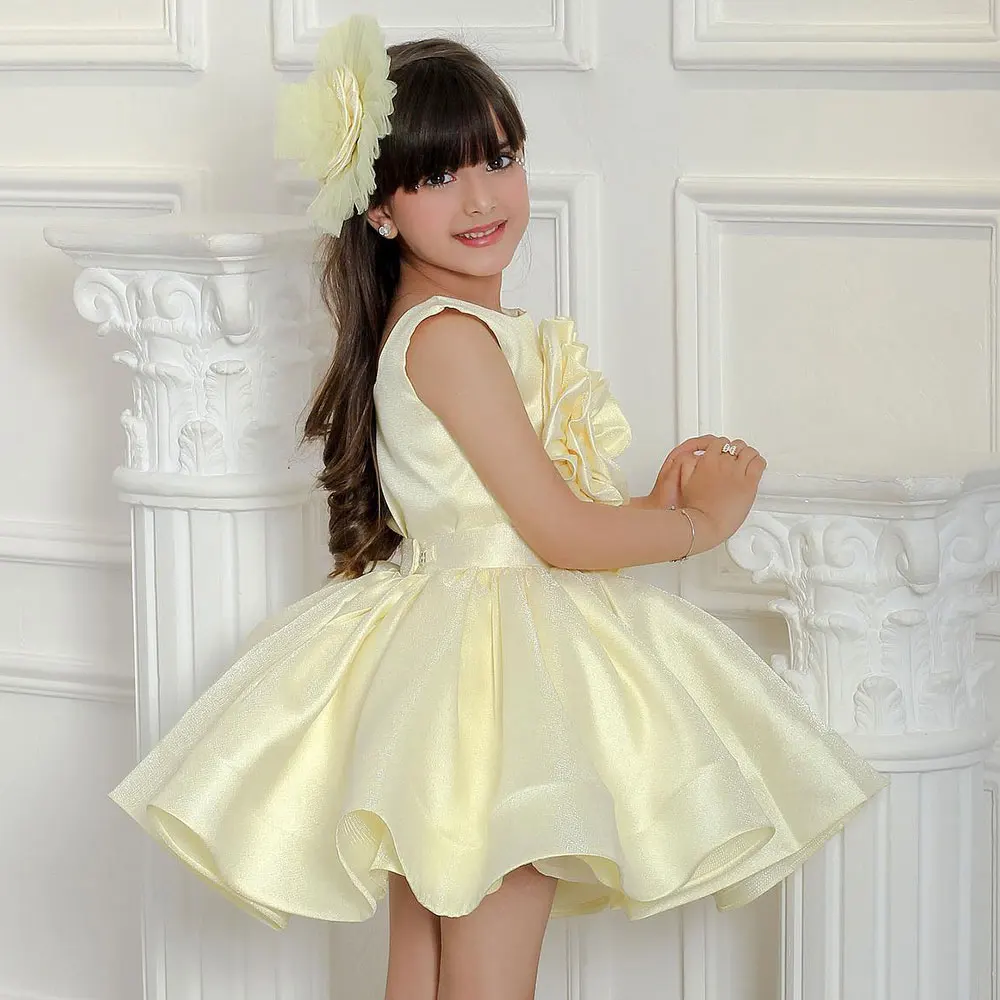 สีเหลืองชุดสาวดอกไม้เด็กสําหรับงานแต่งงาน 3D ดอกไม้เข่าความยาวเด็กทารกสวมใส่อย่างเป็นทางการสําหรับถ่ายภาพ First Communion Gowns