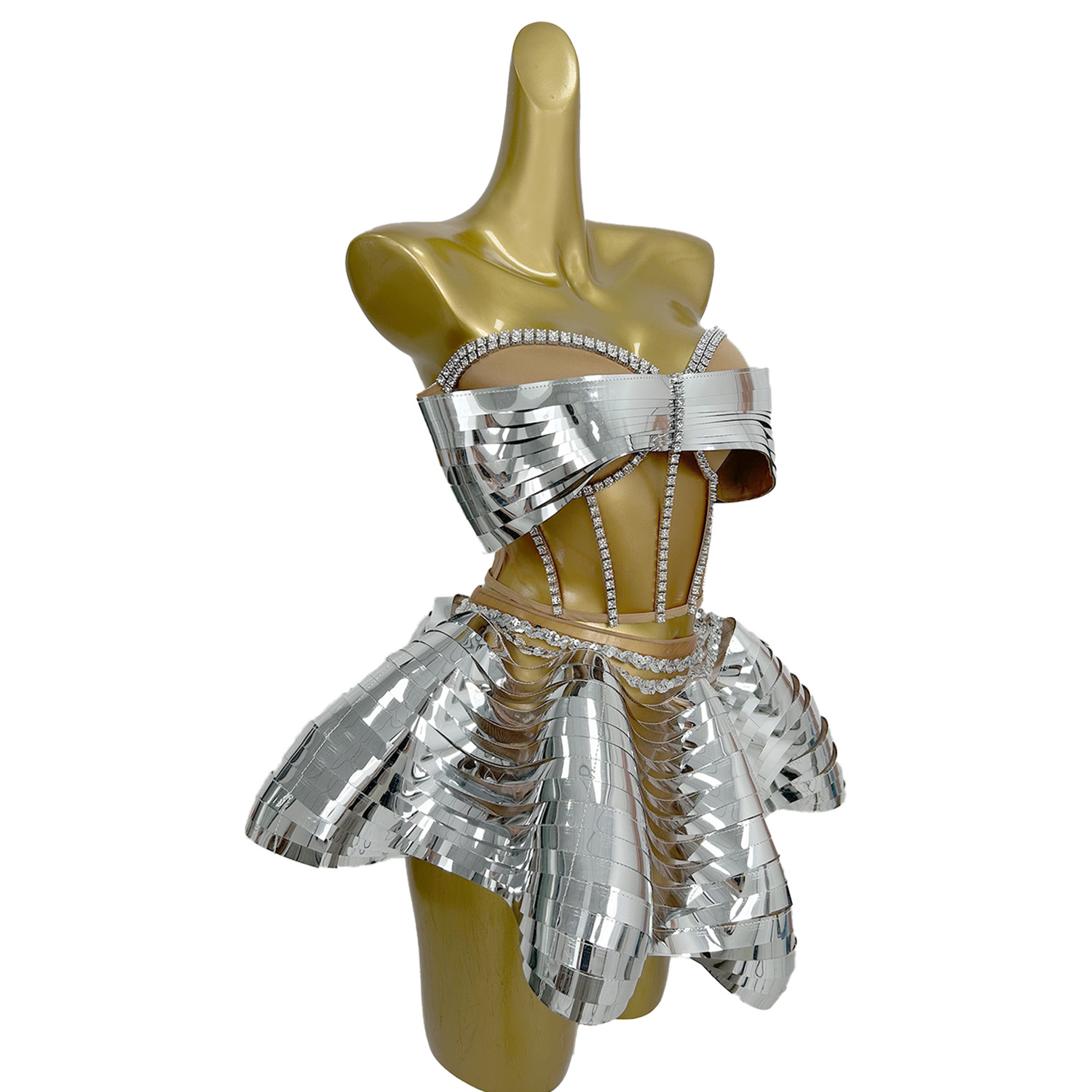 ミニスカート タイト コルセット 2 個セット シルバー 光沢のあるプリーツ スカート 蝶ネクタイ ネクタイ トップ 結婚式 カクテル パーティー イブニング プロムドレス Feidie