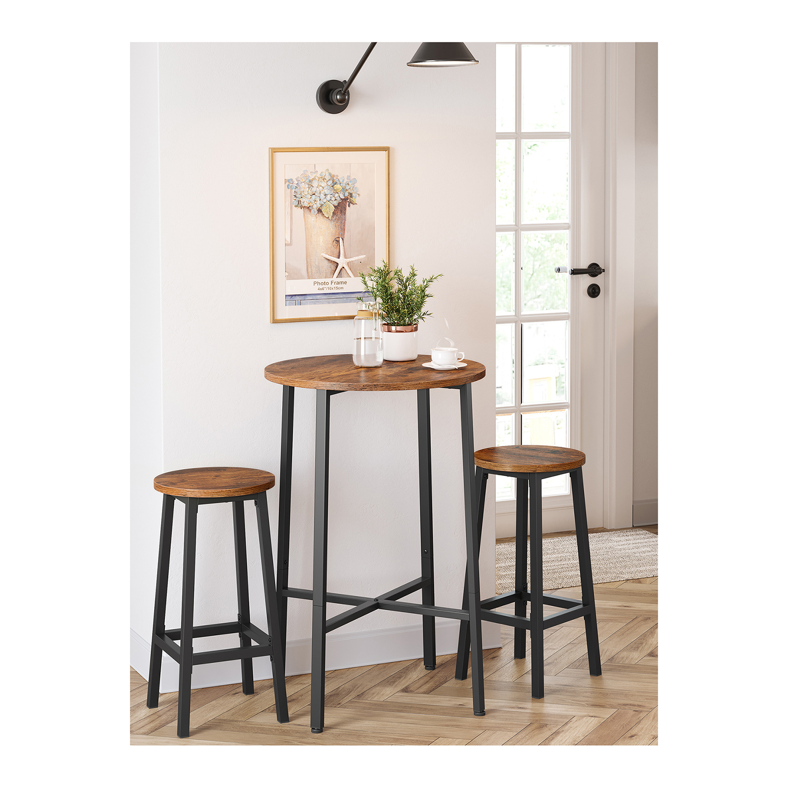 VASAGLE Taburete de Bar, Juego de 2, Sillas de Bar, Sillas de Cocina con Estructura de Metal, FÁcil Montaje, con ReposapiÉs, para Cocina, SalÓn, Comedor, MarrÓn RÚstico y Negro