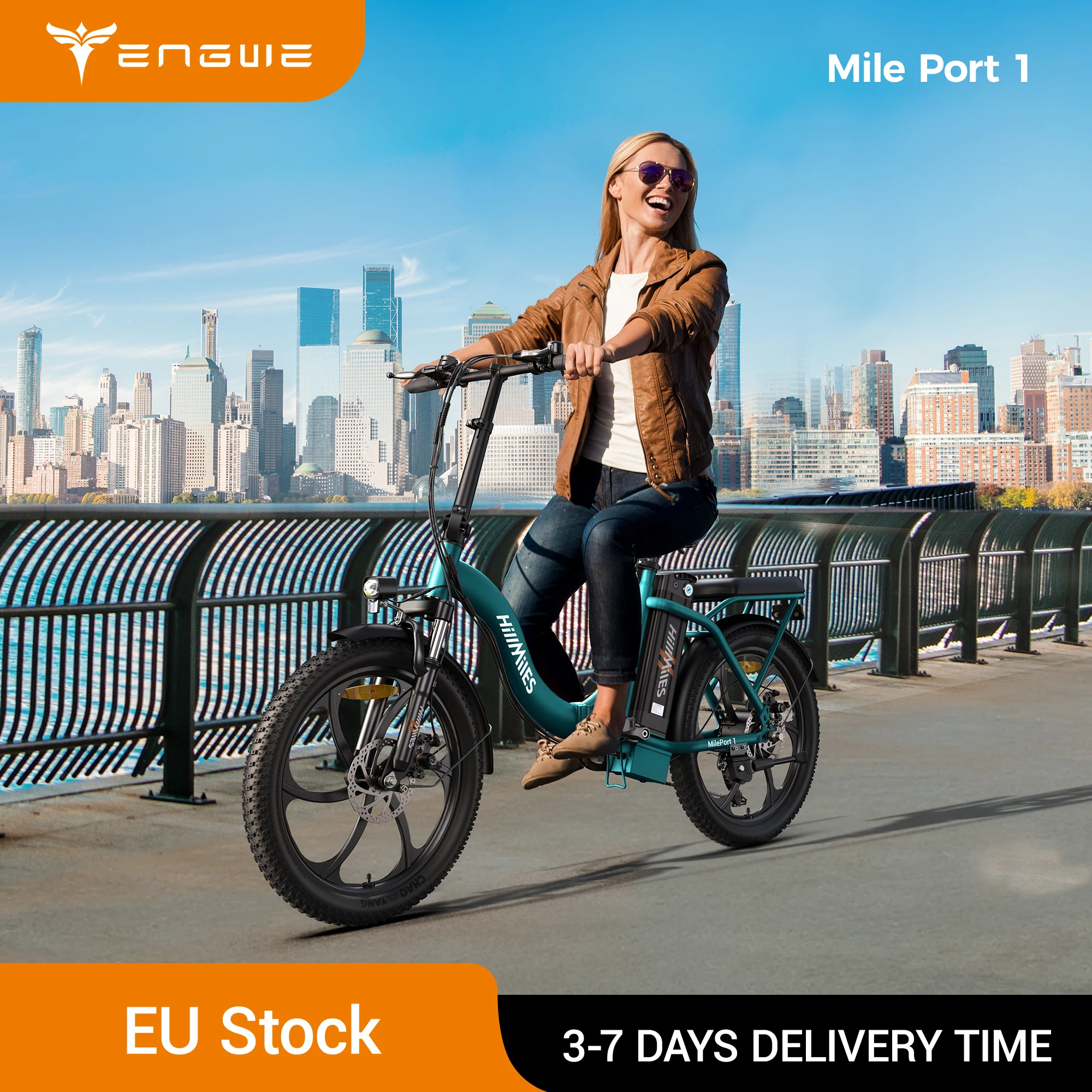 Bicicleta elétrica dobrável MilePort 1, motor de 250 W, bateria de 36 V 13Ah, 25 km/h, pneus gordos de 20 "x 3,0", garfo de suspensão, 7 velocidades, alcance de até 100 km